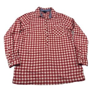 Lands' End Flannel Popover Plaid Shirt Top Women's‎ 8T Red Check Spilt Hem Soft